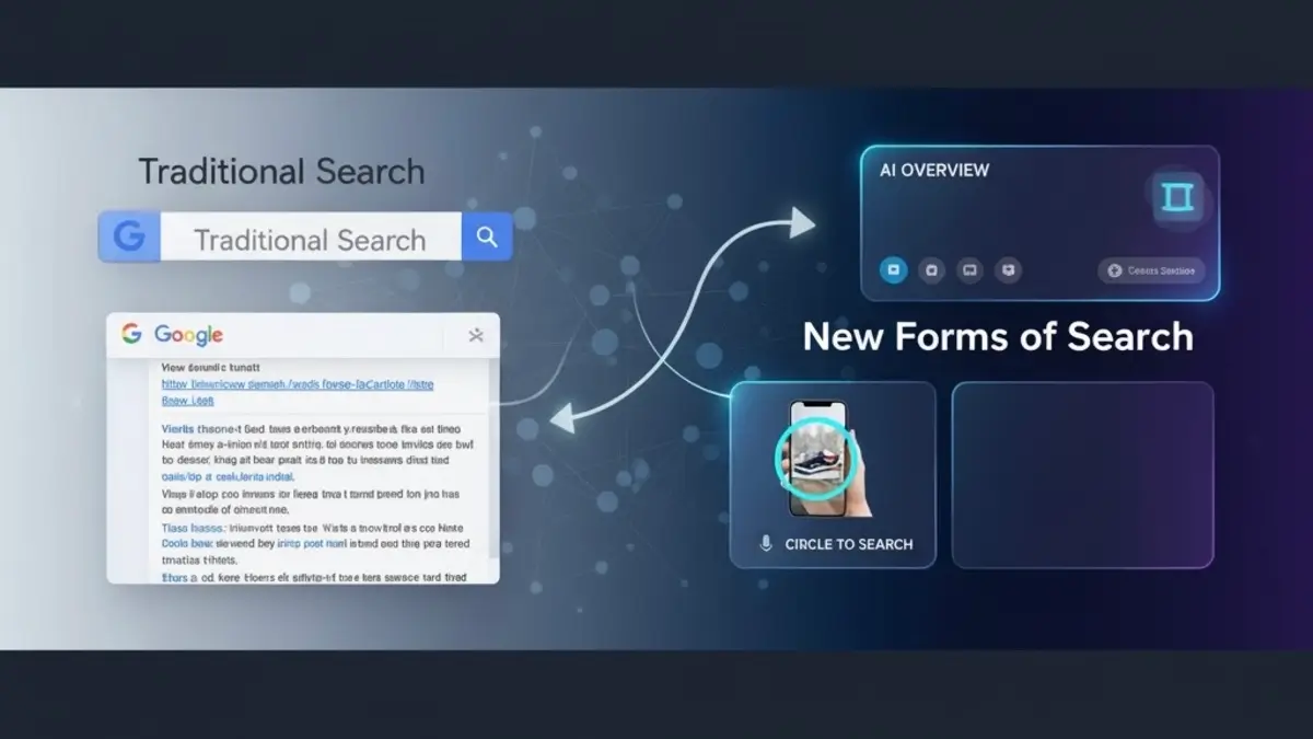 Ilustração mostrando as novas formas de busca no Google com IA, como Circle to Search e AI Overview.