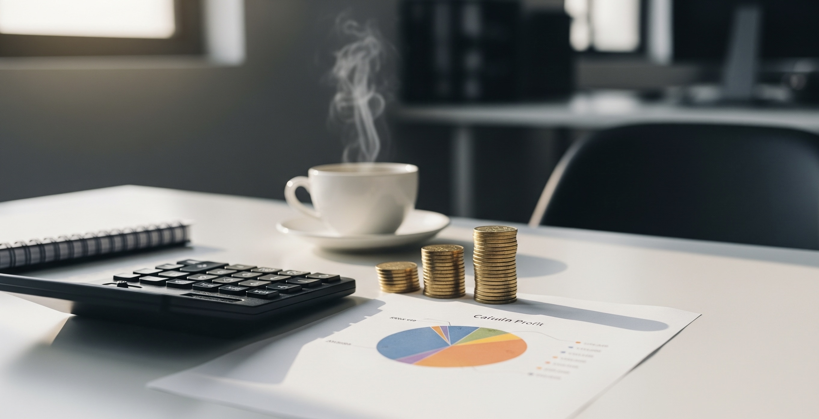Calculadora e moedas sobre uma mesa.